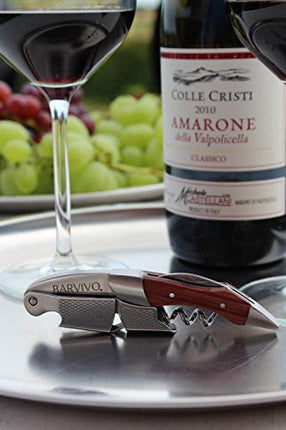 Barvivo Wine Opener with Foil Cutter Knife & Cap Remover - Double Hinged Manual Wine Key for Servers, Bartenders & Waiters - Wine Accessories Ideal as Valentines Day Gifts for Him - Natural Rosewood