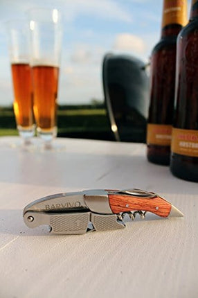 Barvivo Wine Opener with Foil Cutter Knife & Cap Remover - Double Hinged Manual Wine Key for Servers, Bartenders & Waiters - Wine Accessories Ideal as Valentines Day Gifts for Him - Natural Rosewood