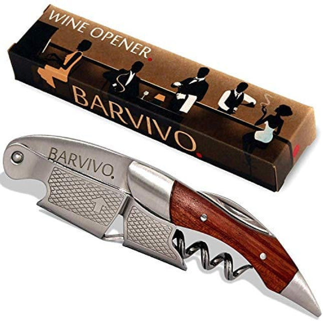 Barvivo Wine Opener with Foil Cutter Knife & Cap Remover - Double Hinged Manual Wine Key for Servers, Bartenders & Waiters - Wine Accessories Ideal as Valentines Day Gifts for Him - Natural Rosewood