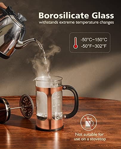 BAYKA French Press Coffee Maker, Glass Classic Copper 304 Stainless Steel Coffee Press, Cold Brew Heat Resistant Thickened Borosilicate Coffee Pot for