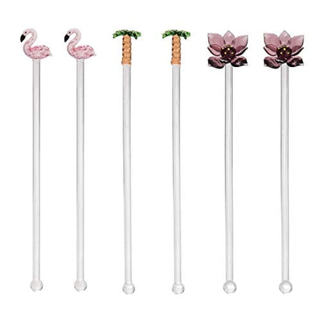 Beachcombers Flamingo Palm Tree Lotus Flower S/6 Reusable Glass Drink Stirs Tropical Cocktail Bar Beach Party Swizzle Sticks Pink