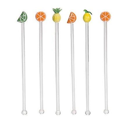 Beachcombers Tropical Citrus Fruit Variety 8 Inch Glass Cocktail Drink Stirrers Boxed Set of 6