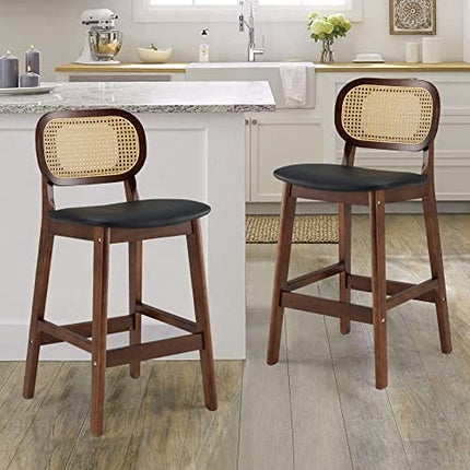 Bar Stools Set of 2 Counter Height Stools, 25" Mid Century Modern Rattan Bar Stools, PU Leather Upholstered Counter Stools with Cane Back, Wood Farmhouse Island Stools for Kitchen Counter, Black
