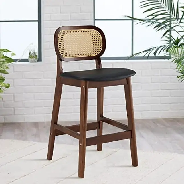 Bar Stools Set of 2 Counter Height Stools, 25" Mid Century Modern Rattan Bar Stools, PU Leather Upholstered Counter Stools with Cane Back, Wood Farmhouse Island Stools for Kitchen Counter, Black