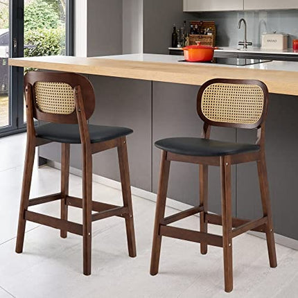 Bar Stools Set of 2 Counter Height Stools, 25" Mid Century Modern Rattan Bar Stools, PU Leather Upholstered Counter Stools with Cane Back, Wood Farmhouse Island Stools for Kitchen Counter, Black