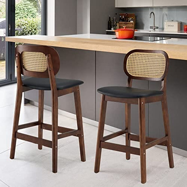 Bar Stools Set of 2 Counter Height Stools, 25" Mid Century Modern Rattan Bar Stools, PU Leather Upholstered Counter Stools with Cane Back, Wood Farmhouse Island Stools for Kitchen Counter, Black