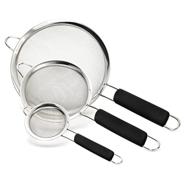 Bellemain Fine Mesh Strainer Basket - Stainless Steel Colander with Handle - Flour Sifter for Baking - Kitchen Food Strainer Sieve, Tea, Rice, Spaghetti, Pasta Strainer Set of 3-3.4”, 5.5”, 7.5”