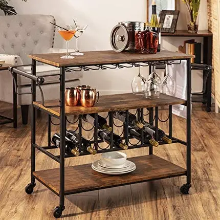 Best Choice Products 45in Industrial Wood Shelf Bar & Wine Storage Service Cart Trolley w/ 14 Bottle & 18 Glass Racks, Locking Caster Wheels