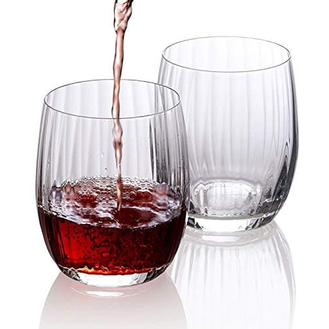 Wine Glasses Set of 6 - Pure Crystal Stemless Wine Glasses - Waterfall Edition - 12 Ounces