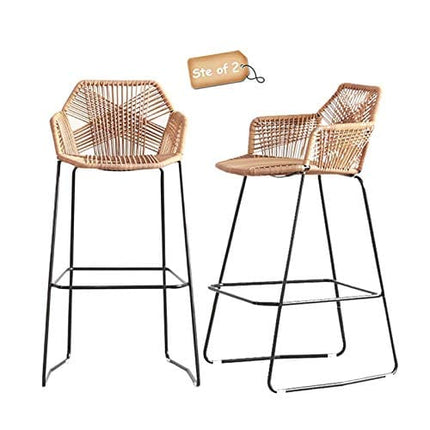 BINZHI Bar Stools Set of 2 Rattan Chair Boho Woven Counter Stools with Back and Footrest Modern Patio Seting Outdoor Barstools (Height 65cm(25.6inch))