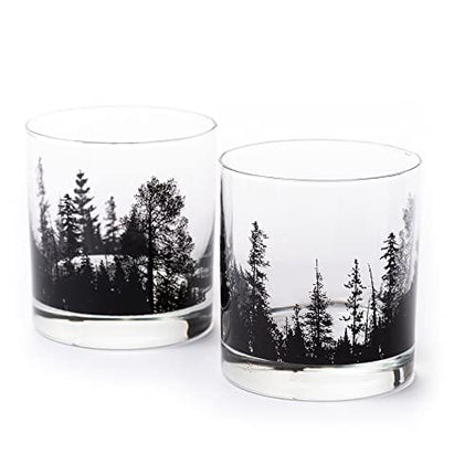 Black Lantern Whiskey Glasses – Cocktail Glasses and Glassware Sets, Old Fashioned Rocks Glass for Bourbon, Scotch, Whiskey, Forest Landscape Design, Set of 2 Glasses