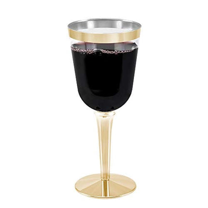 50 Gold Rimmed Disposable Plastic Wine Glasses | Large 10 oz. Premium Clear Hard Plastic Fancy Wine Cups for Weddings & Events (50-Pack) by BloominGoods