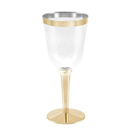 50 Gold Rimmed Disposable Plastic Wine Glasses | Large 10 oz. Premium Clear Hard Plastic Fancy Wine Cups for Weddings & Events (50-Pack) by BloominGoods
