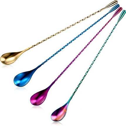 4 Pieces Cocktail Spoon Bar Stirring Spoon Long Handle Stainless Steel Spiral Pattern Cocktail Mixing Shaker Spoon, 12 Inch, 4 Colors (Multicolor, Blue, Purple, Champagne)