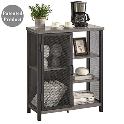 BON AUGURE Farmhouse Coffee Bar Cabinet with Storage, Industrial Liquor Cabinet with Adjustable Shelves, Rustic Small Buffet and Sideboard for Home (Dark Grey Oak)
