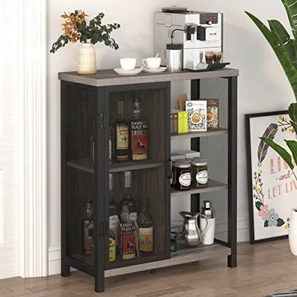 BON AUGURE Farmhouse Coffee Bar Cabinet with Storage, Industrial Liquor Cabinet with Adjustable Shelves, Rustic Small Buffet and Sideboard for Home (Dark Grey Oak)