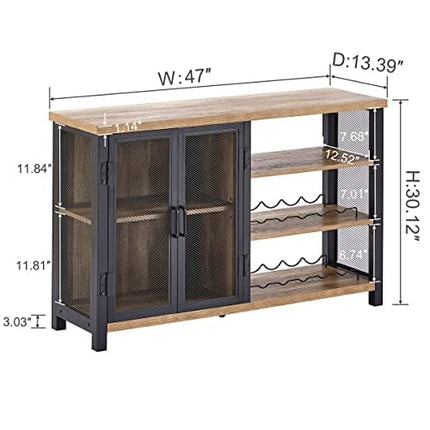 BON AUGURE Industrial Bar Cabinet for Liquor and Glasses, Rustic Liquor Cabinet with Wine Racks and Stemware Racks, Farmhouse Coffee Bar Cabinet with Storage (Vintage Oak, 47 Inch)