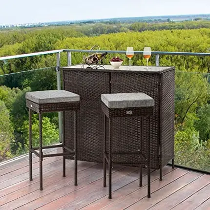 Bonnlo 3PCS Wicker Patio Bar Set with Stools and Glass Top Table Outdoor Furniture Bar Set with Storage for Lawn Pool Backyard Garden, Front Porch(Grey)