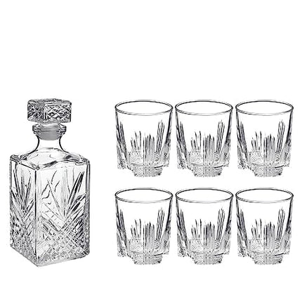 Bormioli Rocco Selecta Collection Whiskey Gift Set – Sophisticated Etched 33.75oz Decanter & 6 9.5oz Glass Tumblers With Starburst Detailing – For Whiskey, Bourbon, Scotch & Liquor