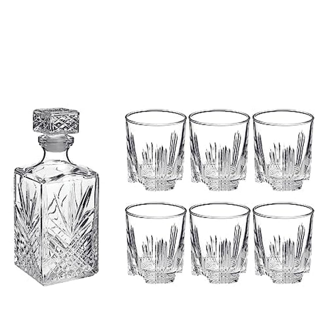 Bormioli Rocco Selecta Collection Whiskey Gift Set – Sophisticated Etched 33.75oz Decanter & 6 9.5oz Glass Tumblers With Starburst Detailing – For Whiskey, Bourbon, Scotch & Liquor
