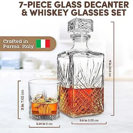 Bormioli Rocco Selecta Collection Whiskey Gift Set – Sophisticated Etched 33.75oz Decanter & 6 9.5oz Glass Tumblers With Starburst Detailing – For Whiskey, Bourbon, Scotch & Liquor