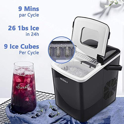 BOSALY Ice Maker Machine, 26lbs 24h Ice Cube Maker, Electric Ice Maker Portable with Ice Scoop and Basket, Perfect for Home/Kitchen/Office/Bar, Black