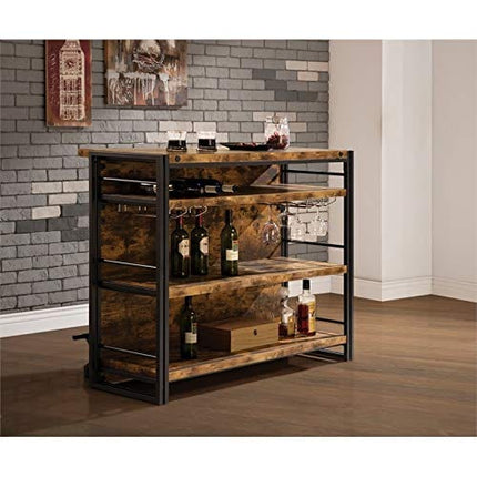 BOWERY HILL Industrial Style Home Bar Counter Unit with Stemware Rack in Antique Nutmeg