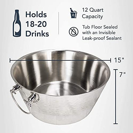 BREKX Hammered Stainless-Steel Beverage Tub, Double-Walled Insulated Anchored Drink Tub & Ice Bucket with Double Hinged Handles, Drink Chiller for Parties, 12 Quarts