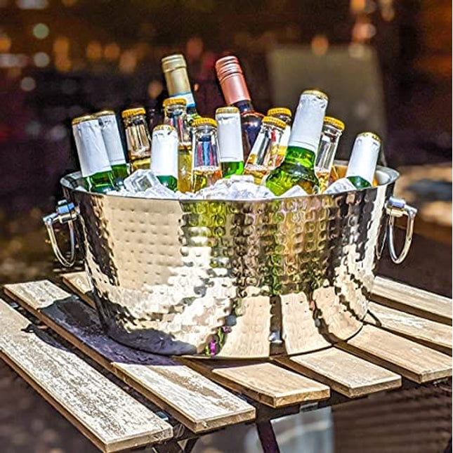 BREKX Hammered Stainless-Steel Beverage Tub, Double-Walled Insulated Anchored Drink Tub & Ice Bucket with Double Hinged Handles, Drink Chiller for Parties, 12 Quarts