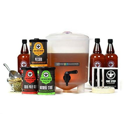 BrewDemon Craft Beer Kit with Bottles - Conical Fermenter Eliminates Sediment and Makes Great Tasting Home Made Beer - 1 gallon pilsner, stout, and IPA