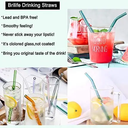 Brilife Reusable Glass Straws Set, Multiple Colored Borosilicate Glass Healthy Eco Friendly Drinking Straws, 8.5"x8mm, Pack of 8 with 2 Cleaning Brushes (Multiple Color)