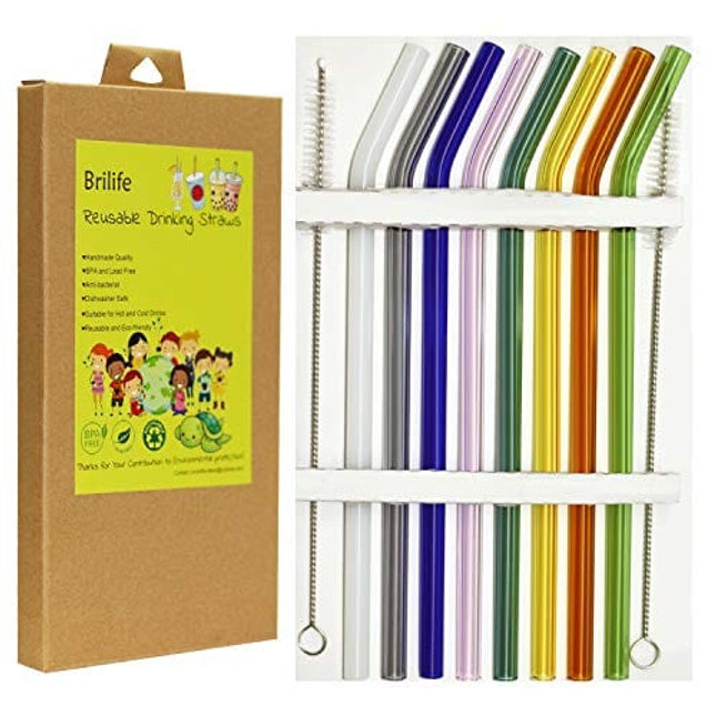 Brilife Reusable Glass Straws Set, Multiple Colored Borosilicate Glass Healthy Eco Friendly Drinking Straws, 8.5"x8mm, Pack of 8 with 2 Cleaning Brushes (Multiple Color)