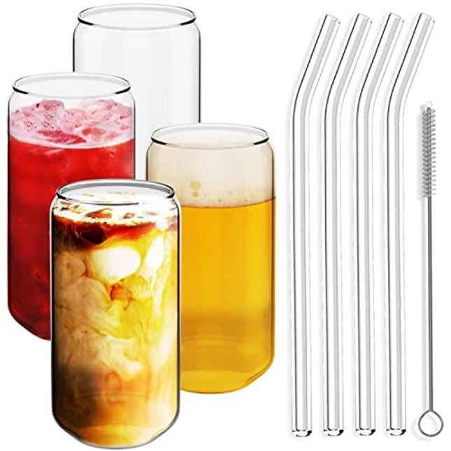 Brimley 20z Can Shaped Beer Glasses Set - Drinking Glasses with 4 x Bent Glass Straws and 1 x Brush Cleaner - Borosilicate Drink Glasses - Novelty Beer Glass for Beer Lovers/Cool Gifts for Beer Lovers