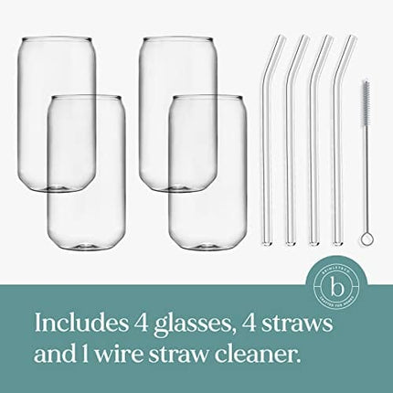 Brimley 20z Can Shaped Beer Glasses Set - Drinking Glasses with 4 x Bent Glass Straws and 1 x Brush Cleaner - Borosilicate Drink Glasses - Novelty Beer Glass for Beer Lovers/Cool Gifts for Beer Lovers