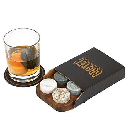 Whiskey Stones Gift Set - 6 Granite Round Beverage Chilling Drinking Stones Whiskey Rocks with 2 Extra Whisky Glasses Coasters - Premium Sipping Rocks in Elegant Wooden Storage Tray - Bar Accessories