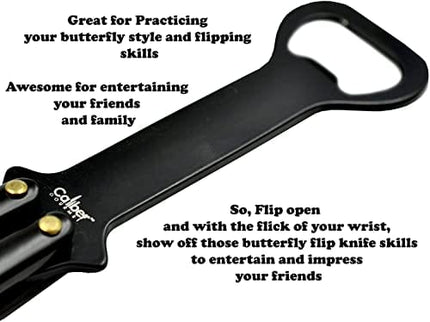 Caliber Gourmet Butterfly Knife Style Multitool Butterfly Bottle Opener and Beer Opener, Switchblade Knife, Camping, Hiking, Kitchen BBQ Grill, Flatware Utensil, Bartender, Black, Father's Day Gift