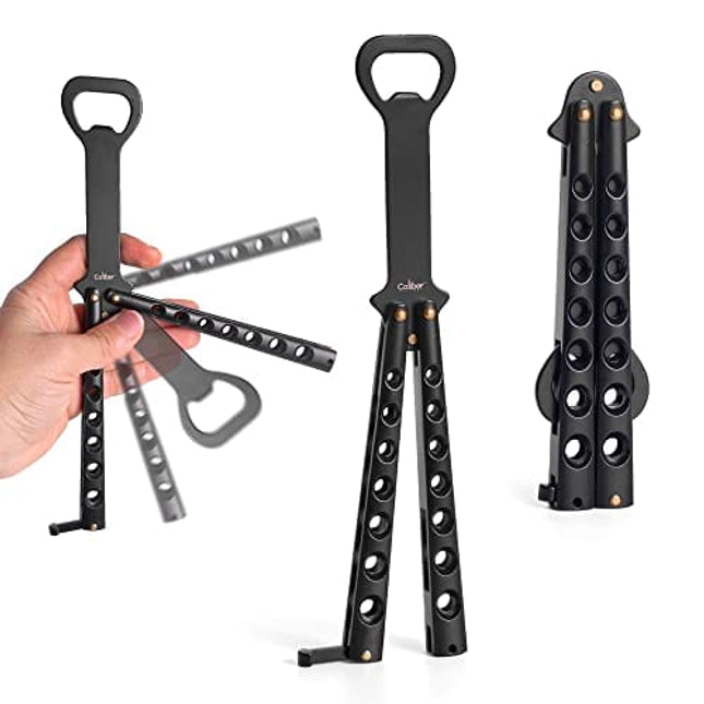 Caliber Gourmet Butterfly Knife Style Multitool Butterfly Bottle Opener and Beer Opener, Switchblade Knife, Camping, Hiking, Kitchen BBQ Grill, Flatware Utensil, Bartender, Black, Father's Day Gift