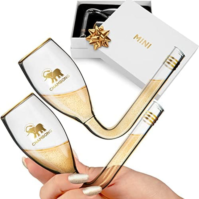 Chambong Champagne Shooter - Unique Gifts for Bachelorette Party Favors, Engagement Gifts & White Elephant Gifts - Champagne Bong Style Champagne Glasses - (Glass, Mini 3 oz. 2-Pc Set)