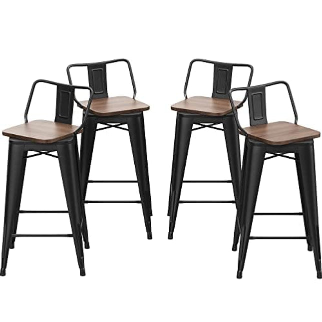 Changjie Furniture Swivel Metal Bar Stools Kitchen Counter Height Stools Industrial Barstools Set of 4 (Swivel 24 inch,Matte Black Wooden)