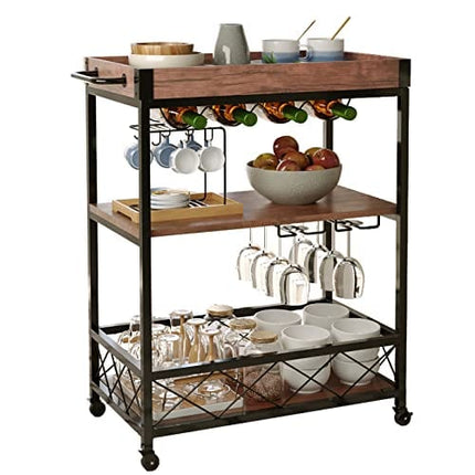 CharaVector Bar Carts for Home, Rolling Bar Serving Cart with Wine Rack, Liquor Wine Cart with 3 -Tier Storage Shelves, Metal Wine Rack and Glass Bottle Holder…