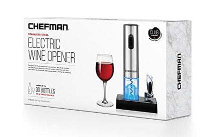 Chefman Electric Wine Opener W/ Foil Cutter, One-Touch, Open 30 Bottles On Single Charge, Automatic Corkscrew & Foil Remover, Rechargeable Battery, 110 Watts, 120 Volts