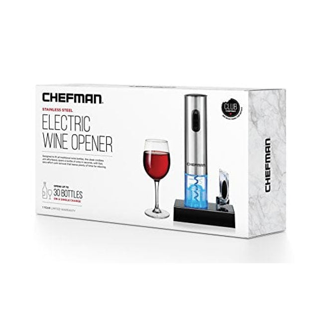 Chefman Electric Wine Opener W/ Foil Cutter, One-Touch, Open 30 Bottles On Single Charge, Automatic Corkscrew & Foil Remover, Rechargeable Battery, 110 Watts, 120 Volts
