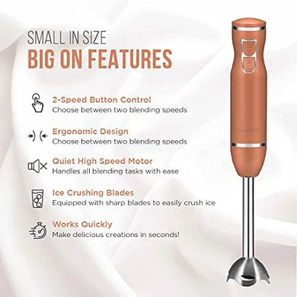 Chefman With Stainless Steel Shaft & Blades Powerful Ice Crushing 2-Speed Control One Hand-Mixer, Purees Smoothie, Sauces & Soups, 300 Watts, Copper
