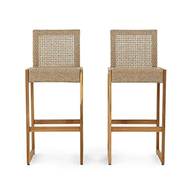 Christopher Knight Home Elon Outdoor Barstools - Wicker and Acacia Wood - Light Multi-Brown/Teak (Set of 2)