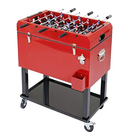 68 Quart Qt Red Patio Cooler Ice Chest with Foosball Table Top, Portable Patio Party Bar Cold Drink Rolling Cart on Wheels with Tray Shelf,17 Gallon/ 65L Outdoor Rolling Beverage Cart