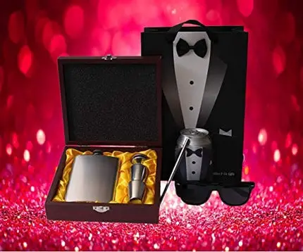 Collins & Co. Groomsmen Gifts Groomsman Proposal Wedding Party Box Set - Flask Set In Wooden Box, Coozie, 80s Retro Sunglasses, Cocktail Straw, Real Bow Tie & Hankerchief Tuxedo Gift Bag