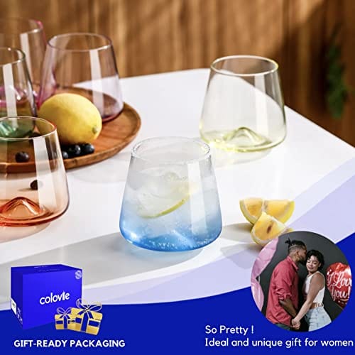 ColoVie Wine Glasses Set of 6,Colored, Stemless,Colorful Short Tumbler,Unique  Glass Cups,Versatile Drinking Glasses,Multi-Color,Red White Wine,Cocktail,Gifts  for Women,Birthday,Party,13.5oz - colovie