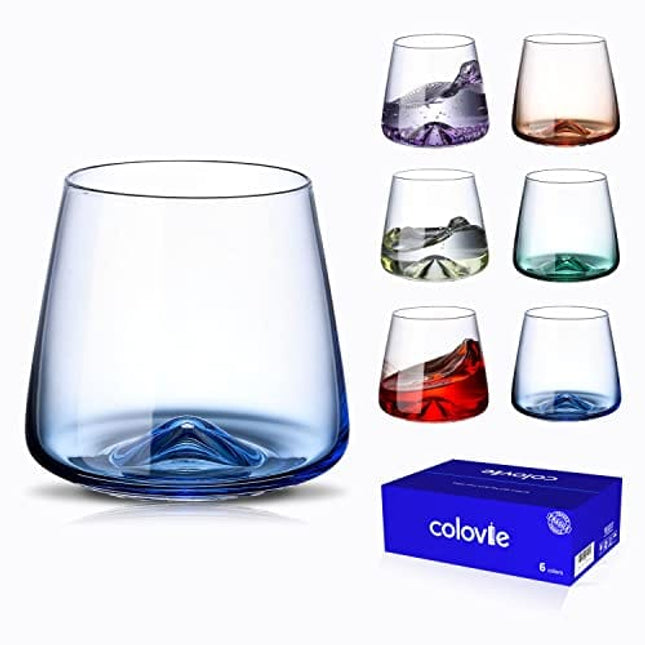ColoVie Wine Glasses Set of 6,Colored, Stemless,Colorful Short Tumbler,Unique Glass Cups,Versatile Drinking Glasses,Multi-Color,Red White Wine,Cocktail,Gifts for Women,Birthday,Party,13.5oz