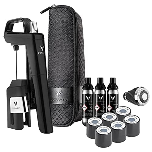 Coravin Timeless Six Plus Wine by the Glass System - Piano Black - Includes 3 Argon Gas Capsules, 1 Wine Aerator, 6 Screw Cap Replacements, and 1 Carrying Case