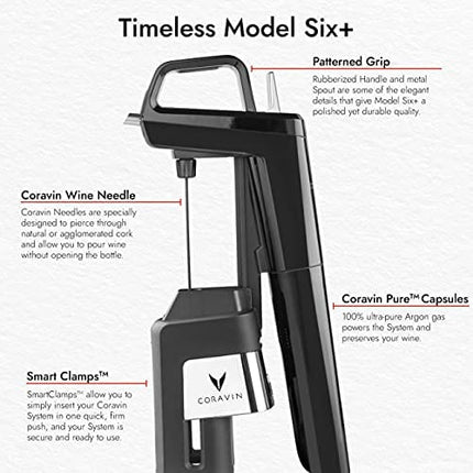 Coravin Timeless Six Plus Wine by the Glass System - Piano Black - Includes 3 Argon Gas Capsules, 1 Wine Aerator, 6 Screw Cap Replacements, and 1 Carrying Case